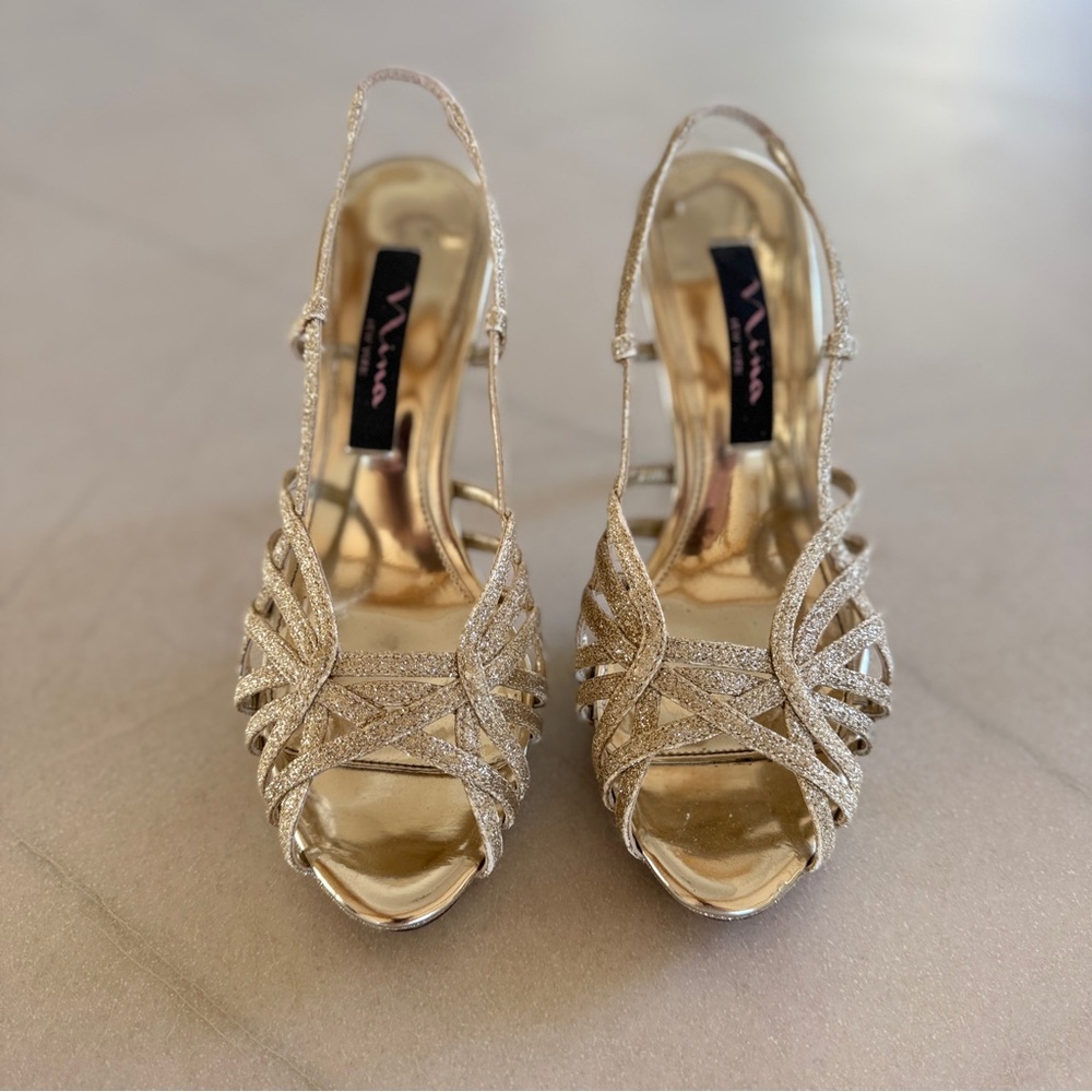 Nina Fonda Gold Glitter Strappy Platform Heels | Size 6 Slingback Dress Shoes - Picture 6 of 11